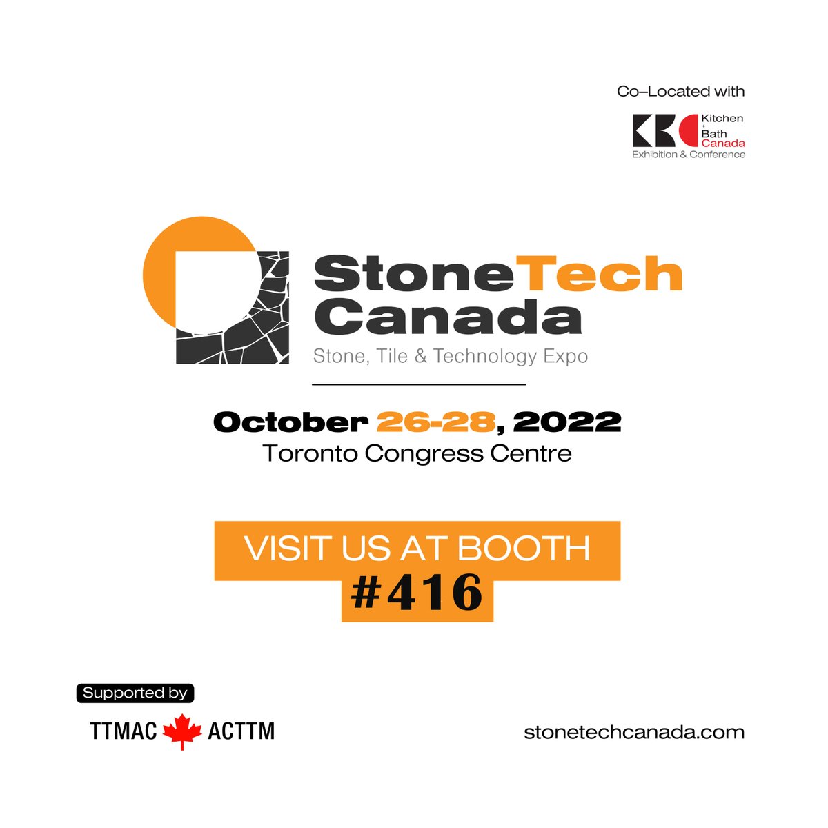 TTMACCanada's tweet photo. Come by and say hi to #ttmac at the #stonetechcanada #expo Oct 26-28 at the Toronto Congress Center- Booth 416!!!We would love to see you there use the Promo Code TTMAC17 for free entrance to the show! #stone #kitchen #bath #learn #tradeshow #promo #ttmaccanada #hardsurfaces https://t.co/PE7EBbdpNQ