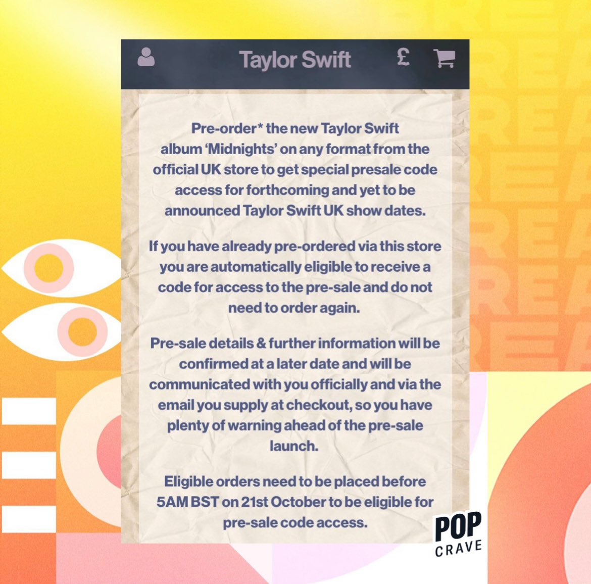 PopCrave's tweet photo. 🚨 Taylor Swift confirms a ‘Midnights’ tour is happening on her UK website. 

All fans who pre-order the album through October 21 on the official UK store will get a special presale code. https://t.co/0ENQX898fF