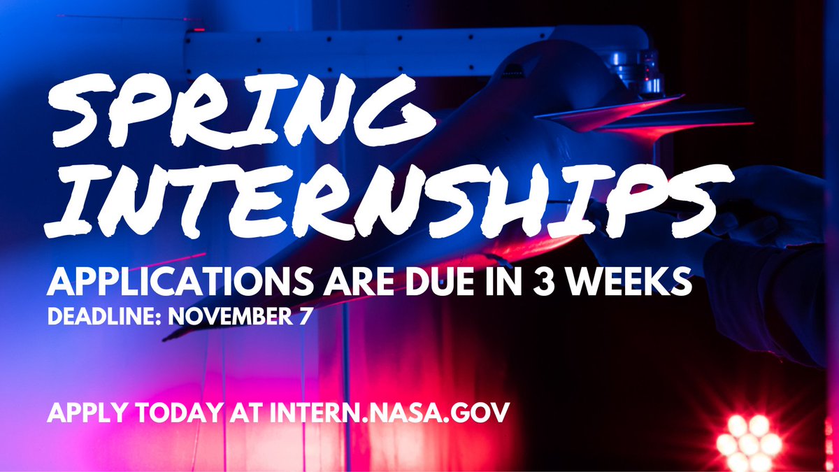 NASAInterns's tweet image. Don’t look back! 👀
T-3 Weeks until Spring Internship Applications are due, so take this opportunity to become a #NASAIntern. The deadline for applications is on November 7. Apply today at go.nasa.gov/3EVIjgn