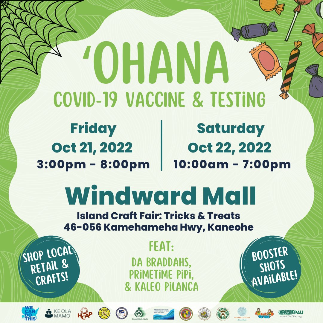 CovidPau's tweet photo. Check out the Island Craft Fair "Tricks &amp; Treats" this weekend at Windward Mall! Shop and support local vendors at the center court of the mall. 

FREE COVID vaccinations and testing will also be available. Boosters (including the new Bivalent booster shot) will be available! https://t.co/27Ihywb9Gj