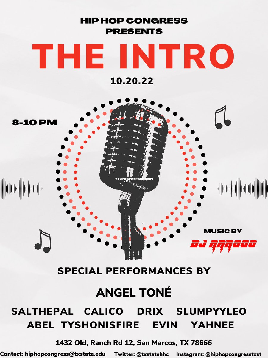 JOIN US THIS THURSDAY FOR ‘THE INTRO’ 🔥

We will be live with local talent at Wake the Dead Cafe 8-10 PM OCT 20th 🙏🏽 

This is a show you don’t wanna miss 🕺🏽
#txst #hiphopcongress