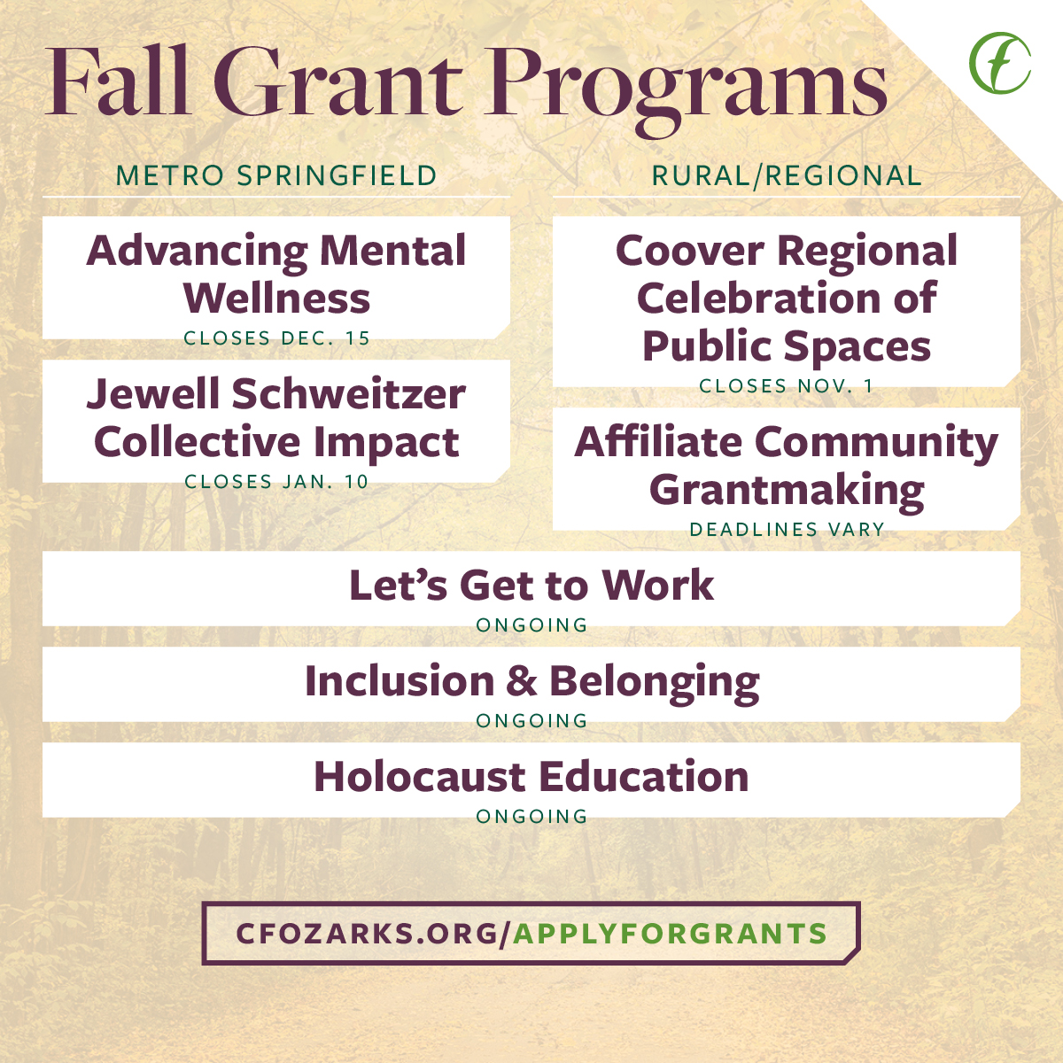 Here’s a quick look at our grant programs that are currently open. To learn more about the application process and find details about each of these programs, head to cfozarks.org/applyforgrants.
#sgf #swmo #ozarks #missouri #grantmaking #nonprofits #philanthropy