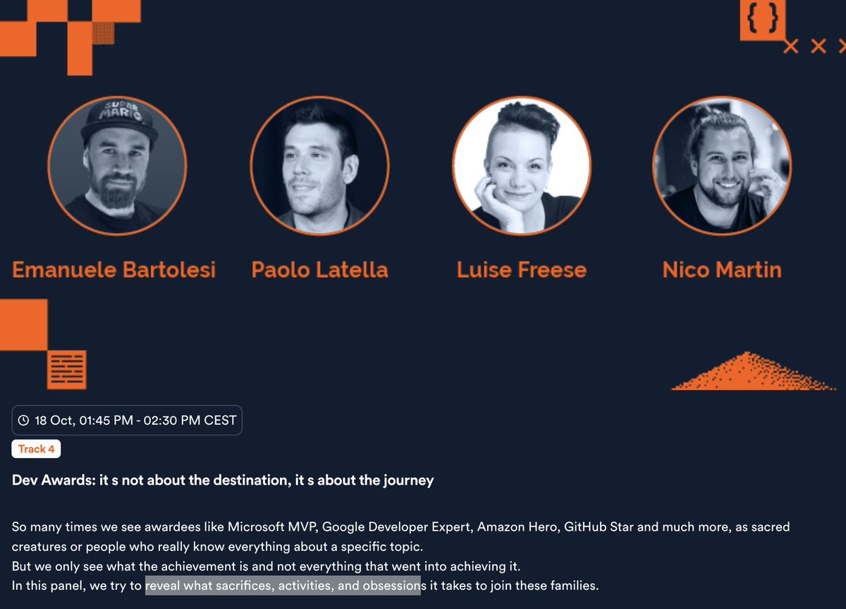 I'm very happy and honored to participate tomorrow on community panel <a href="/CodemotionIT/">Codemotion</a> to tell my journey to the AWS community Heroes program together with <a href="/kasuken/">Emanuele Bartolesi</a> <a href="/nic_o_martin/">🤷 Nico Martin</a> <a href="/LuiseFreese/">Luise Freese moved to Bluesky</a> #CodemotionMilan22