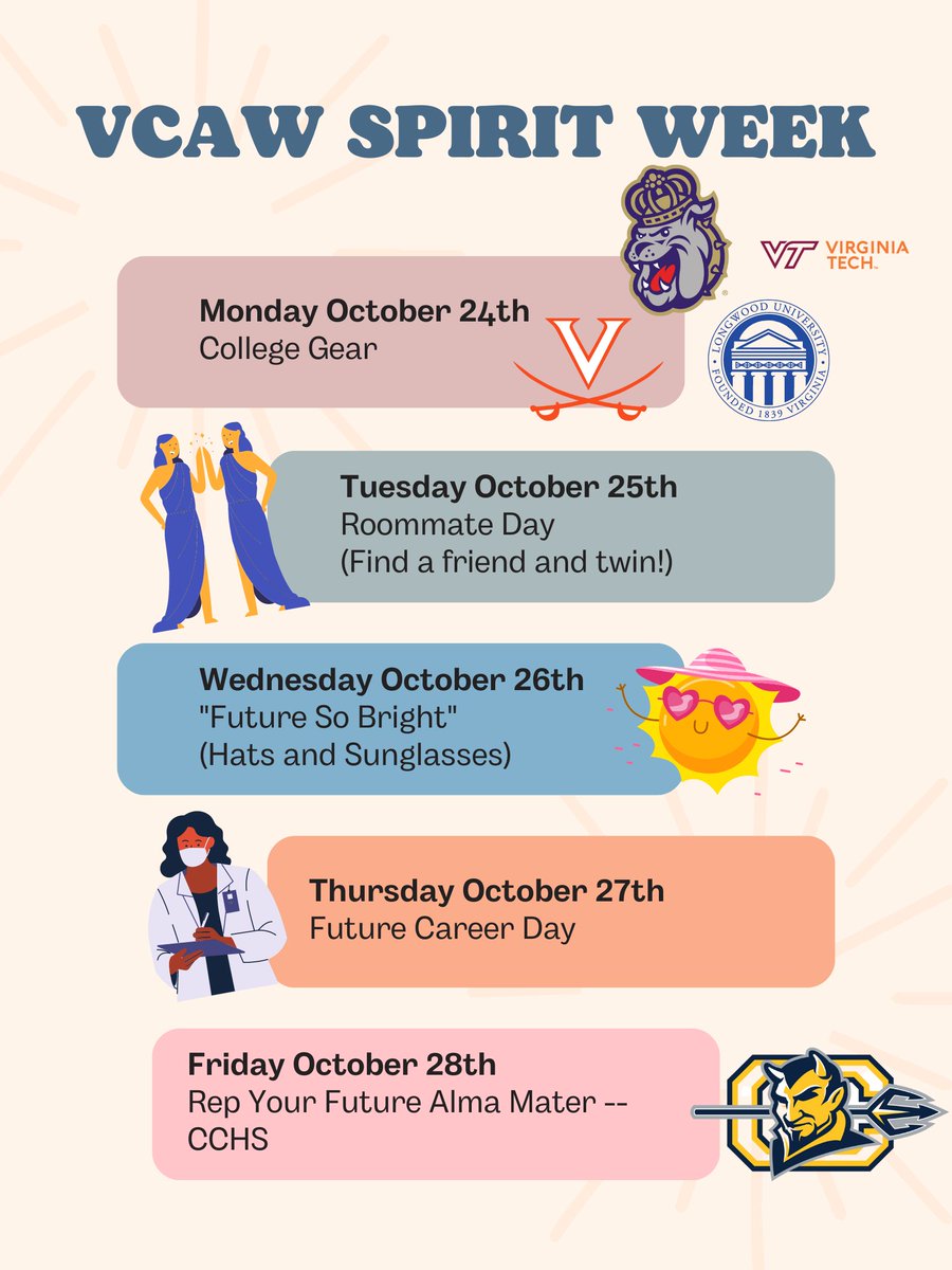 CCPSCCHSGuide's tweet image. Virginia College Application Week is next week! Everyone is welcome to join in on the fun with our spirit week themes! @cchscollegeadvising #vcaw #bettereveryday