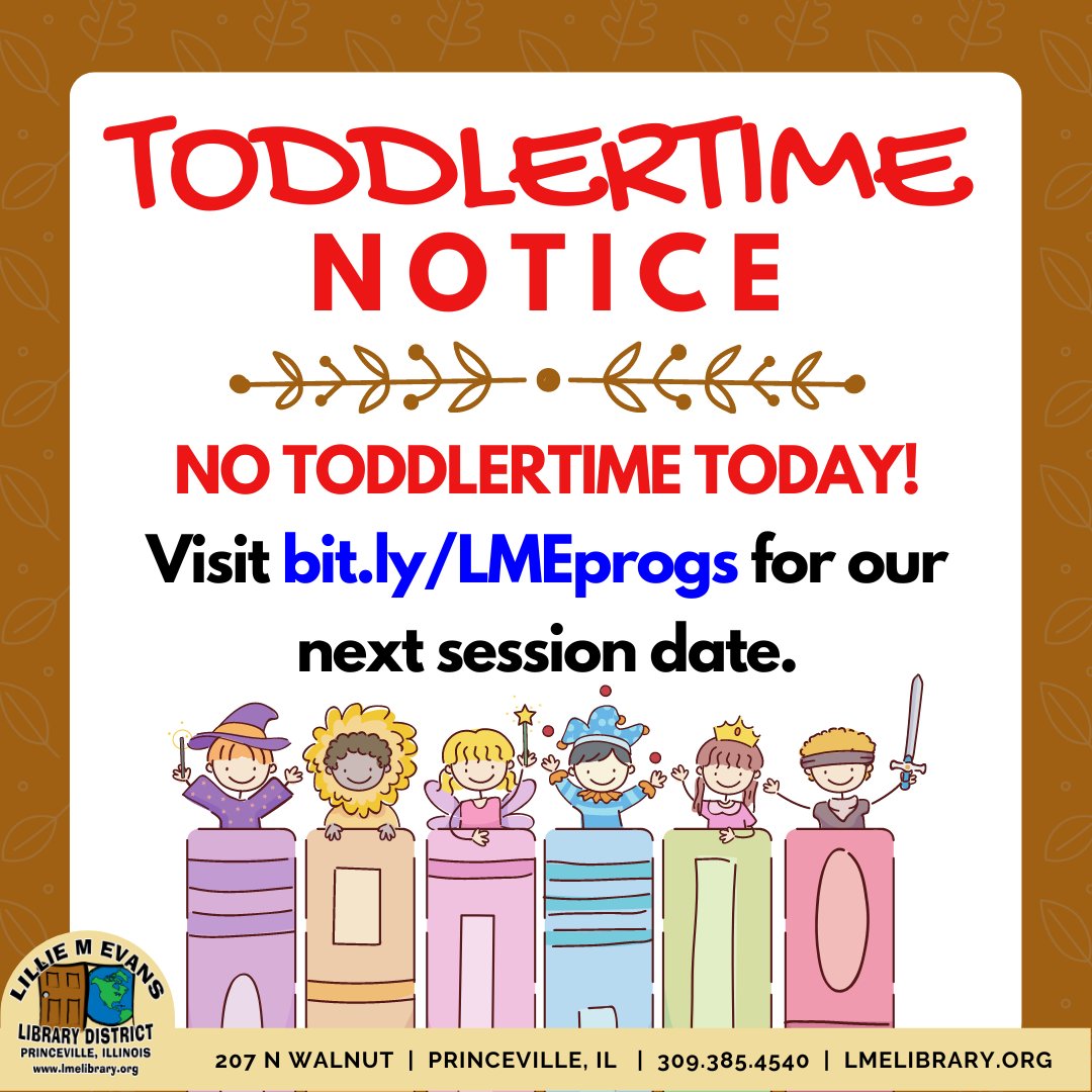 NO TODDLERTIME TODAY! Enjoy the short holiday break.

#toddlertime #storytime #libraryprogram #publiclibrary #library #libraryfun #librarytime #librariesofIL #HOIlibraries