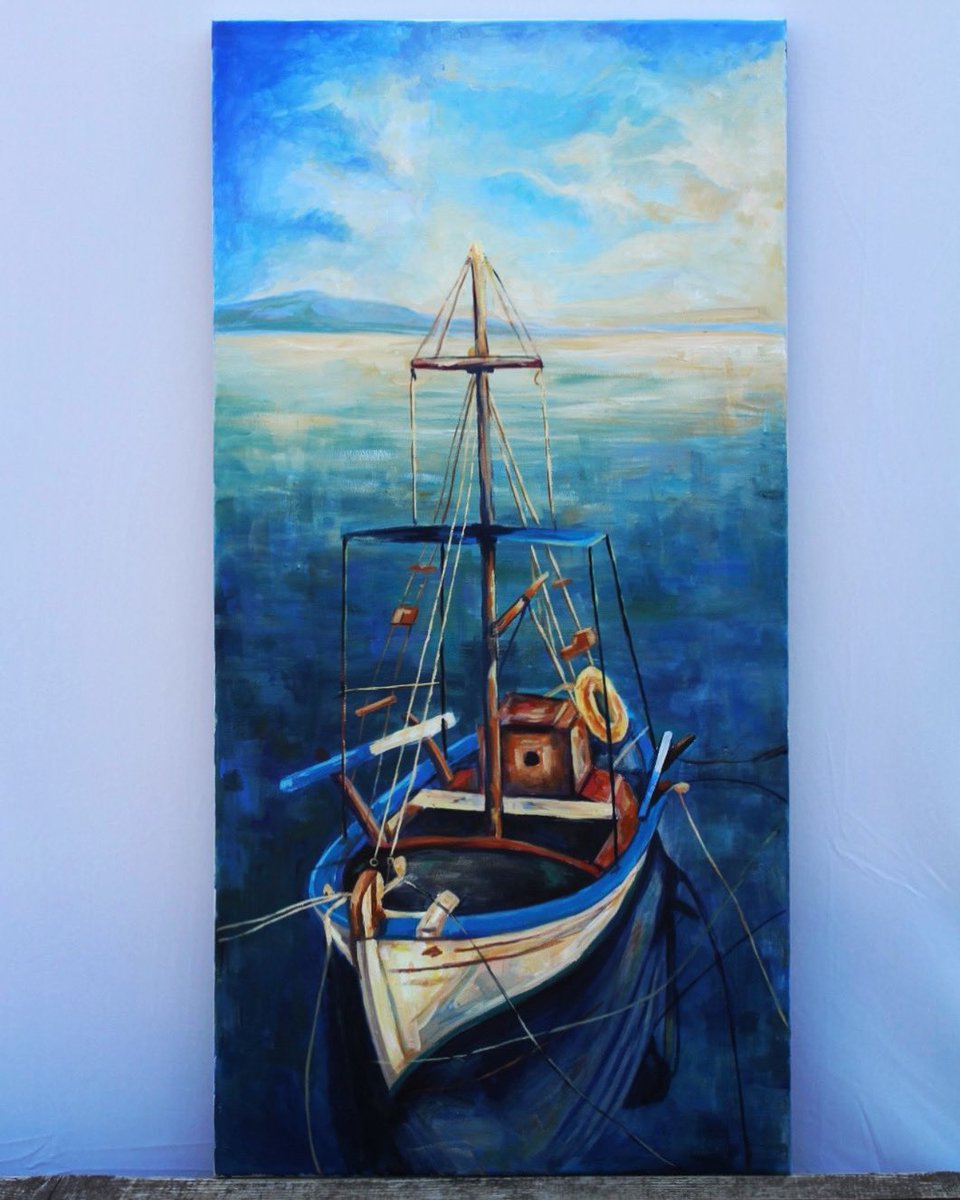 HopeProjectArt's tweet photo. A beautiful Greek boat sailing on a calm Aegean ocean. 

#boat #boats #fishing #fishingboat #refugee #refugees #refugeeart  #refugeepainting #fishingboats #refugeepaintings #painting #paintings #art #artists #artist #ocean #oceans #sea #aegean #aegeansea https://t.co/l0X3uVcweU