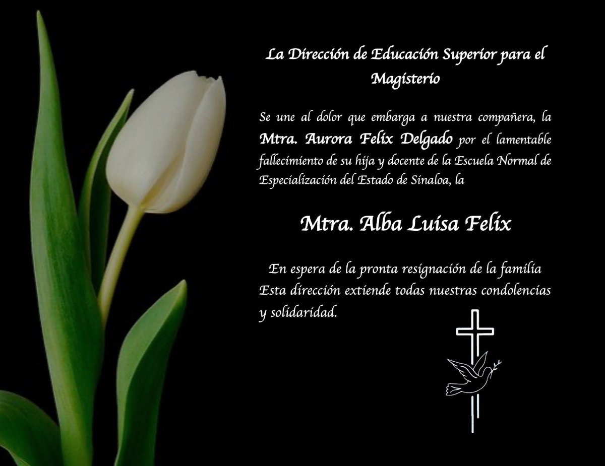 Pronta resignación para nuestra compañera, la Mtra. AURORA FÉLIX DELGADO.
En DGESUM nos unimos a su dolor por el fallecimiento de su hija, la Mtra. ALBA LUISA FÉLIX, docente de la Escuela Normal de Especialización del Estado de Sinaloa.
Q.E.P.D.

<a href="/ConcheirLuciano/">Luciano Concheiro</a>
<a href="/MarchaChavez/">Mario Chávez-Campos</a>
