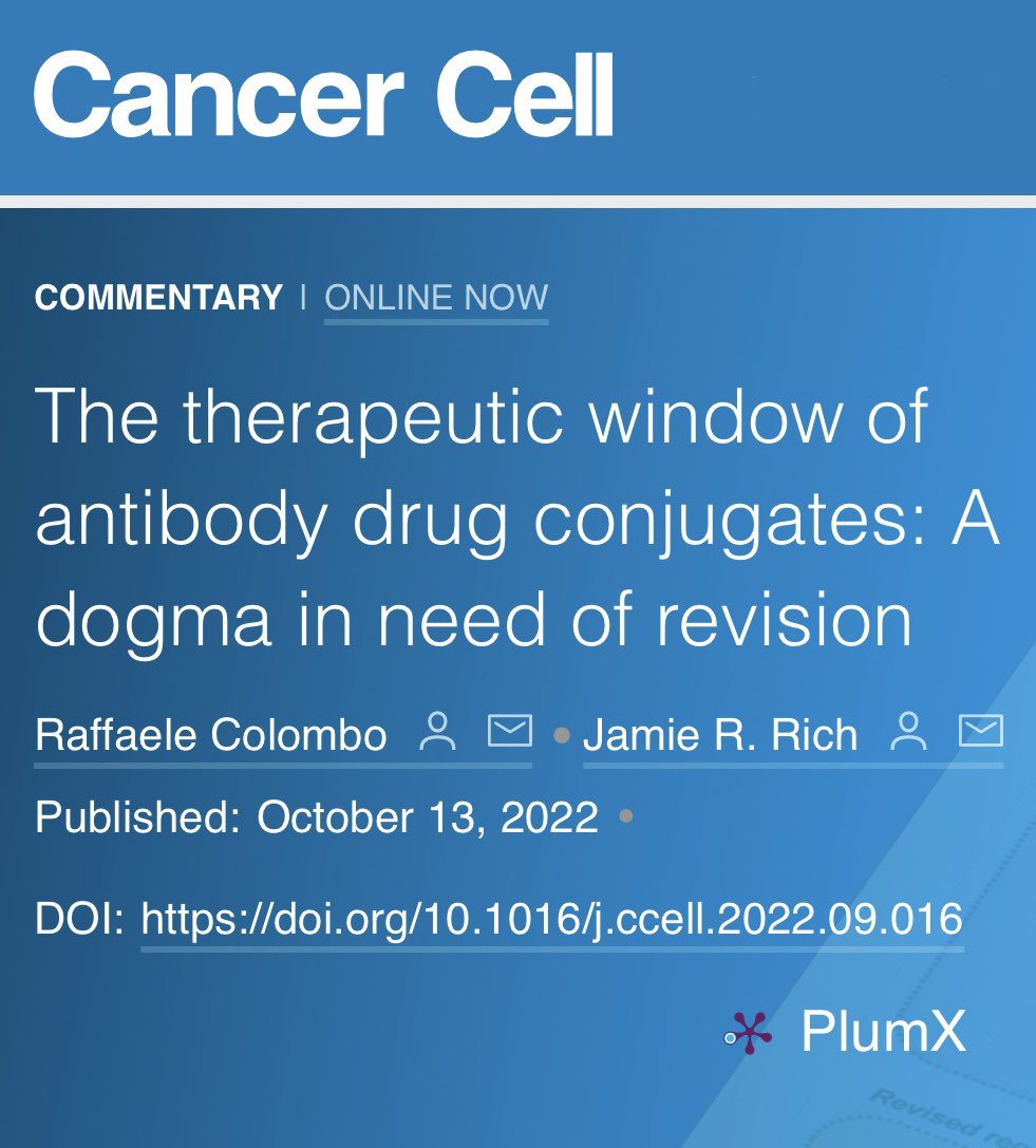 PTarantinoMD's tweet image. What is the secret behind the success of novel ADCs? In this unmissable @Cancer_Cell commentary, the authors highlight how the increased efficacy at doses close to the MTD, rather than improved therapeutic index, makes the difference in the clinic.
cell.com/cancer-cell/fu…