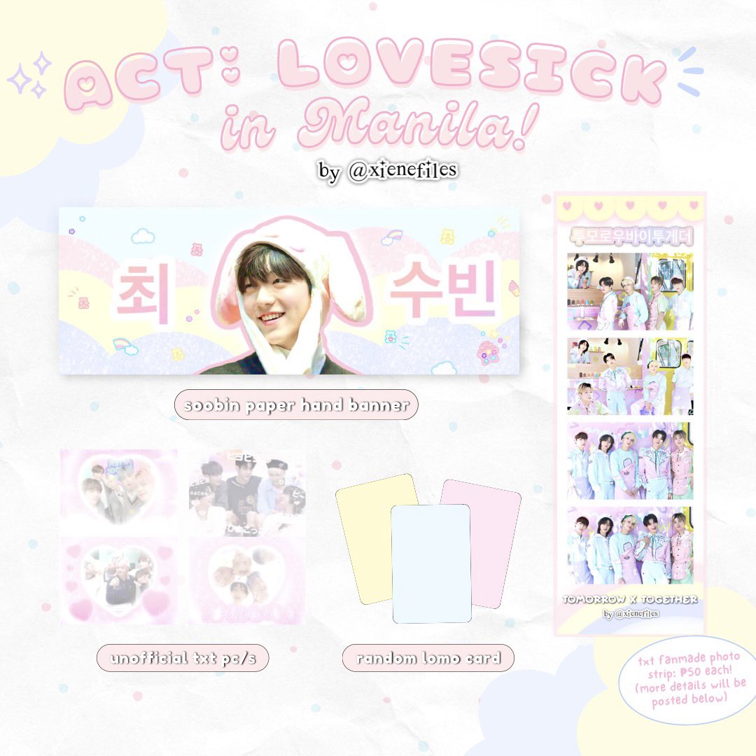 lvefiles's tweet image. Txt Act: Love Sick In Manila 🍡
day 2, freebies ༄ ‧₊˚
 
🌷 like &amp;amp; rt
🍥 show me this tweet on d-day! 
🍰 approach me nicely ૮ ˶ᵔ ᵕ ᵔ˶ ა

— open for trades 

hope to see you there, moas! ♡

🏷️ #TXTInManila #TXT #ACTLOVESICKinMANILA  #TOMORROW_X_TOGETHER_Manila