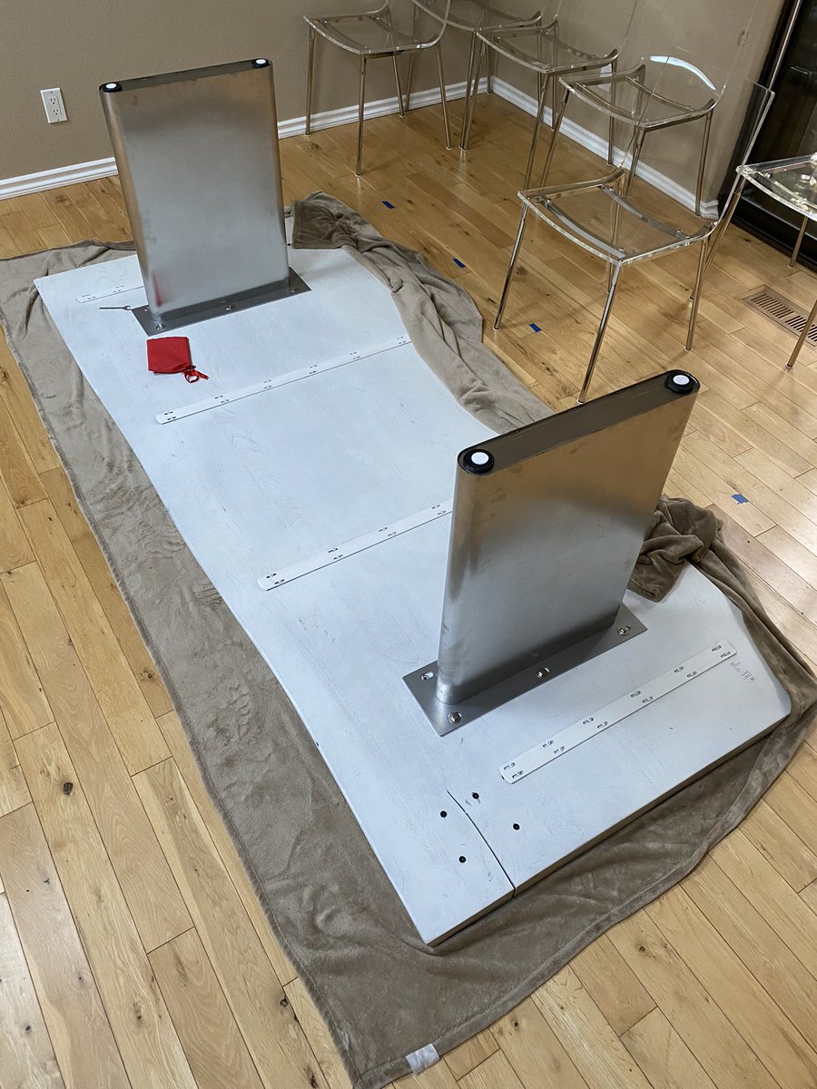 Derrick_Peters's tweet photo. Ordered this table from @CB2 in May for July delivery. Here we are today (5 months later). Their team has come twice to deliver + assemble the chairs + table, only to leave it incomplete + not upright.  2 missing bolts + 1 missing screw. 2 heavy to lift. No end in sight. #WTF https://t.co/jMQxkxqWtB