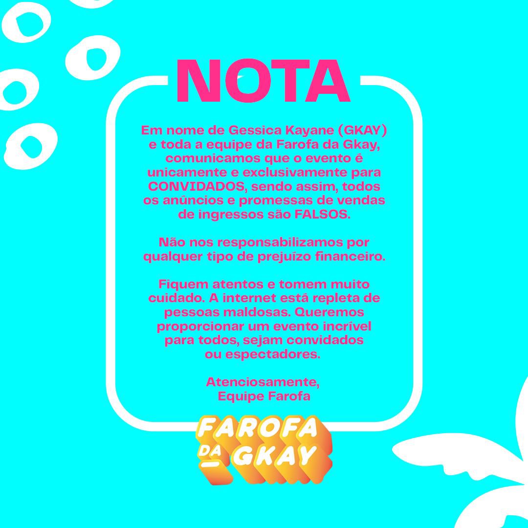 farofadagkayof's tweet photo. ‼️ NOTA OFICIAL ‼️

A Farofa da Gkay é para convidados. Qualquer anúncio de venda ou promessa de ingresso é falso. 

Att, @gessicakayane e equipe. https://t.co/uDRuj6blci