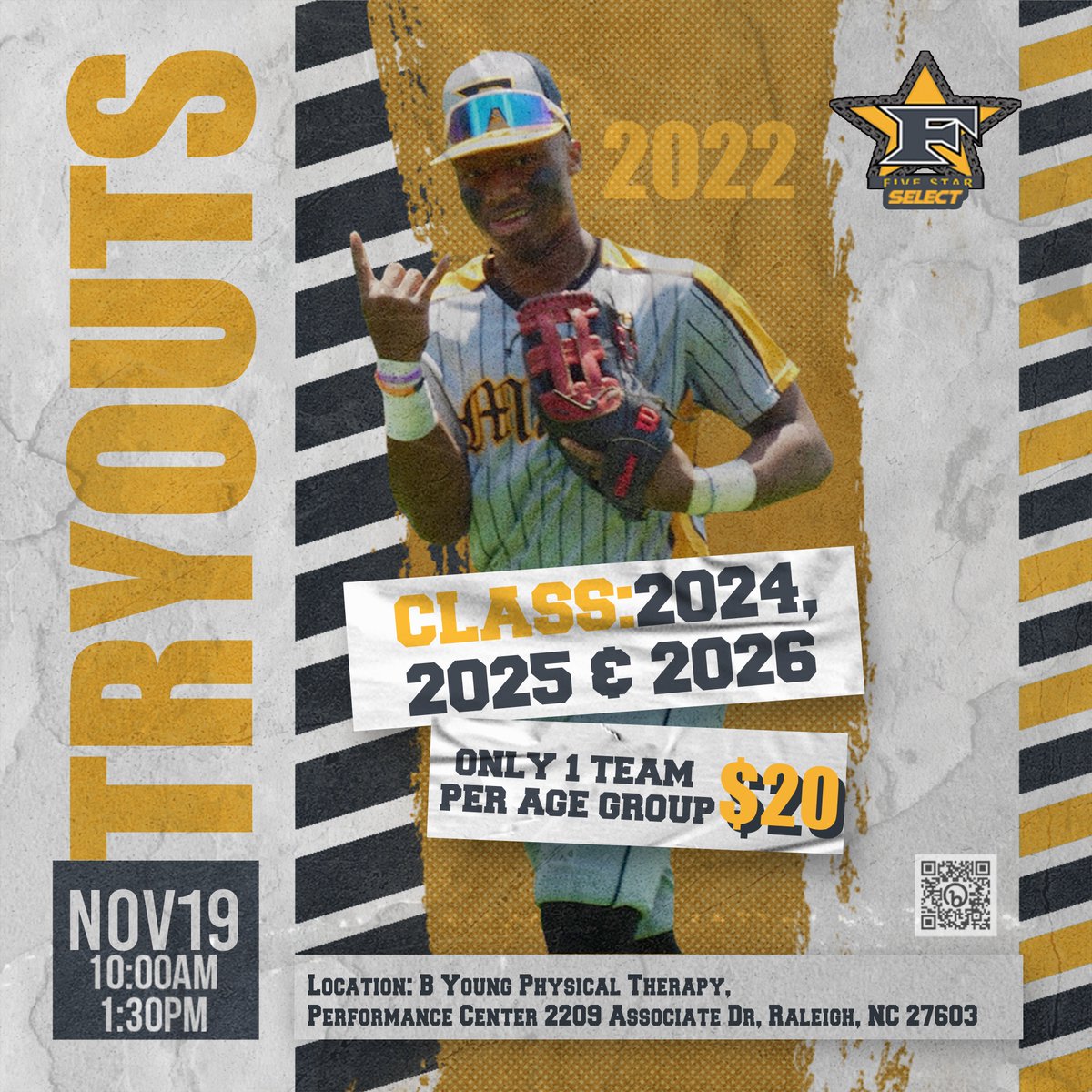 5StarBennett's tweet photo. ⚾️⚾️⚾️ TRYOUTS⚾️⚾️⚾️ 5⭐️SELECT.  CLASS 2024,2025 and 2026. RALEIGH/DURHAM AREA. We have had major success in the RDU area for 3 years!
@DiamondNHS @RHSBASE @baseballorange @BroughtBaseball @eastchapelhill @FuquayVarinaHS Link &amp; QR Code to register below. https://t.co/PXZ6VKtL1O. https://t.co/rIFm4RFO54