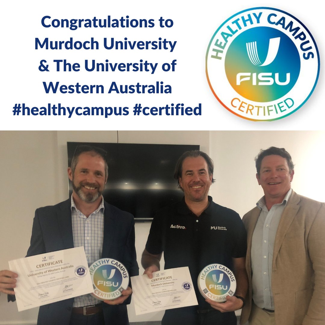 Congratulations <a href="/uwanews/">UWA</a> <a href="/MurdochUni/">Murdoch University</a> who were recently awarded their certification as part of the <a href="/FISU/">FISU</a> Healthy Campus program 👉 ow.ly/ffP550L9Mtr #universitysport #WeAreOceania #healthycampus <a href="/uwa_sport/">UWA Sport</a> <a href="/murdochactive/">Murdoch Active</a>