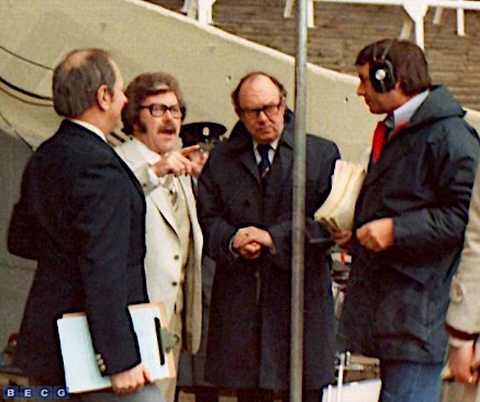 Eric Morecambe with Dickie Davies and Brian Moore in rehearsals at the 1978 FA Cup Final Arsenal v Ipswich.