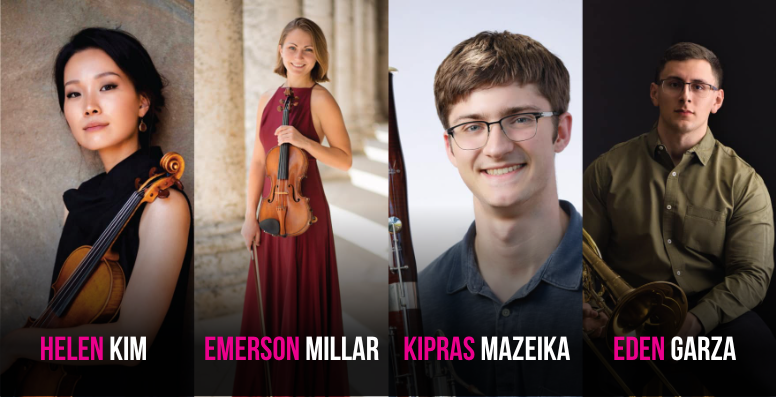 Seattle Symphony announces four new musicians for the 22/23 season. The Symphony welcomes violinist Helen Kim, violinist Emerson Millar, contrabassoonist Kipras Mazeika, and bass trombonist Eden Garza. More about our wonderful new musicians on our blog bit.ly/3Sb7Ftg