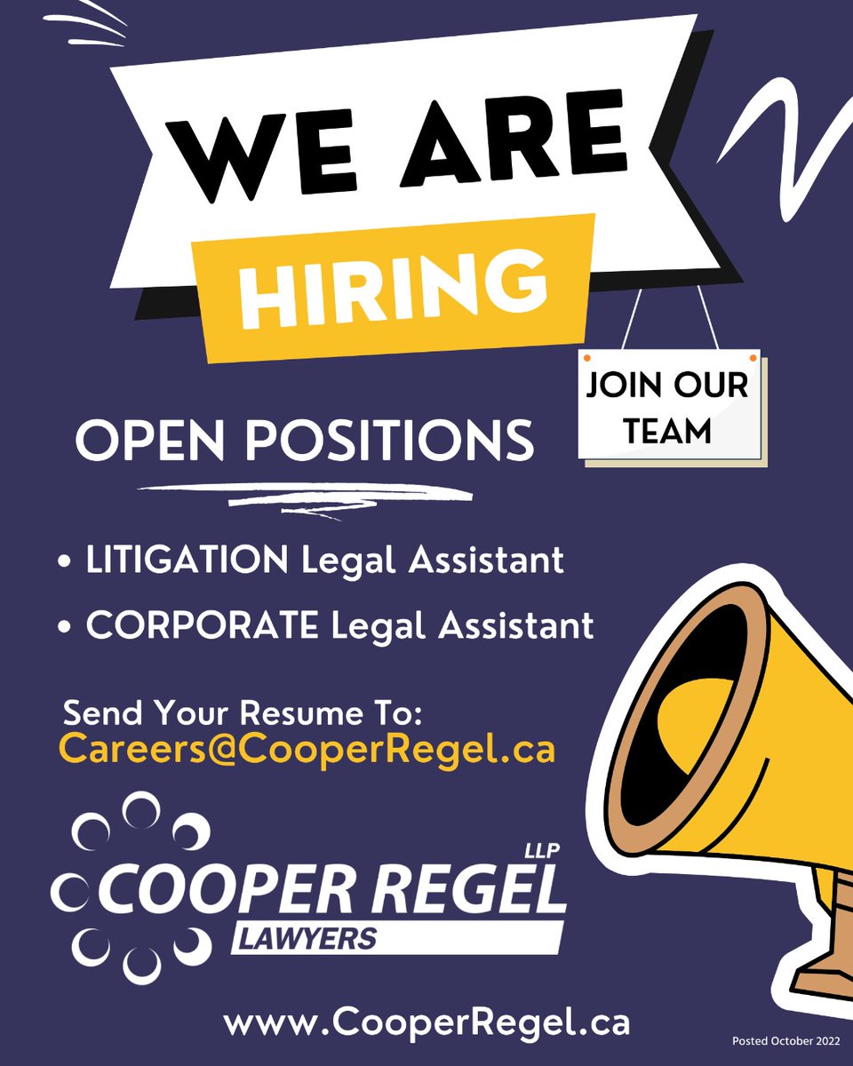 Cooper_Regel's tweet photo. ⭐NOW HIRING⭐ Legal Assistants/ Paralegals in Sherwood Park, Alberta #CooperRegel #sherwoodpark #spkjobs #attentiontodetail #nowhiring #legaljobs #legalassistant #paralegal #corporate #litigation #workwithus https://t.co/7g9zZ5XG11