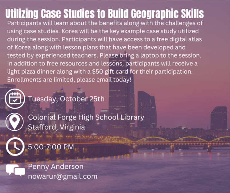 VAGeogAlliance's tweet photo. Attend this session on October 25th to learn how to utilize Korea as a case study to build geographic skills π https://t.co/tKUm42zeb7