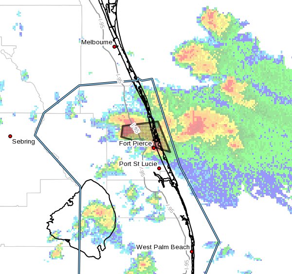 Tornado Warning for Northeastern St. Lucie County and Southeastern Indian River County Until 845 PM.  A severe thunderstorm capable of producing a tornado was located 7 miles west of Lakewood Park. This dangerous storm will be near Lakewood Park around 810 PM.