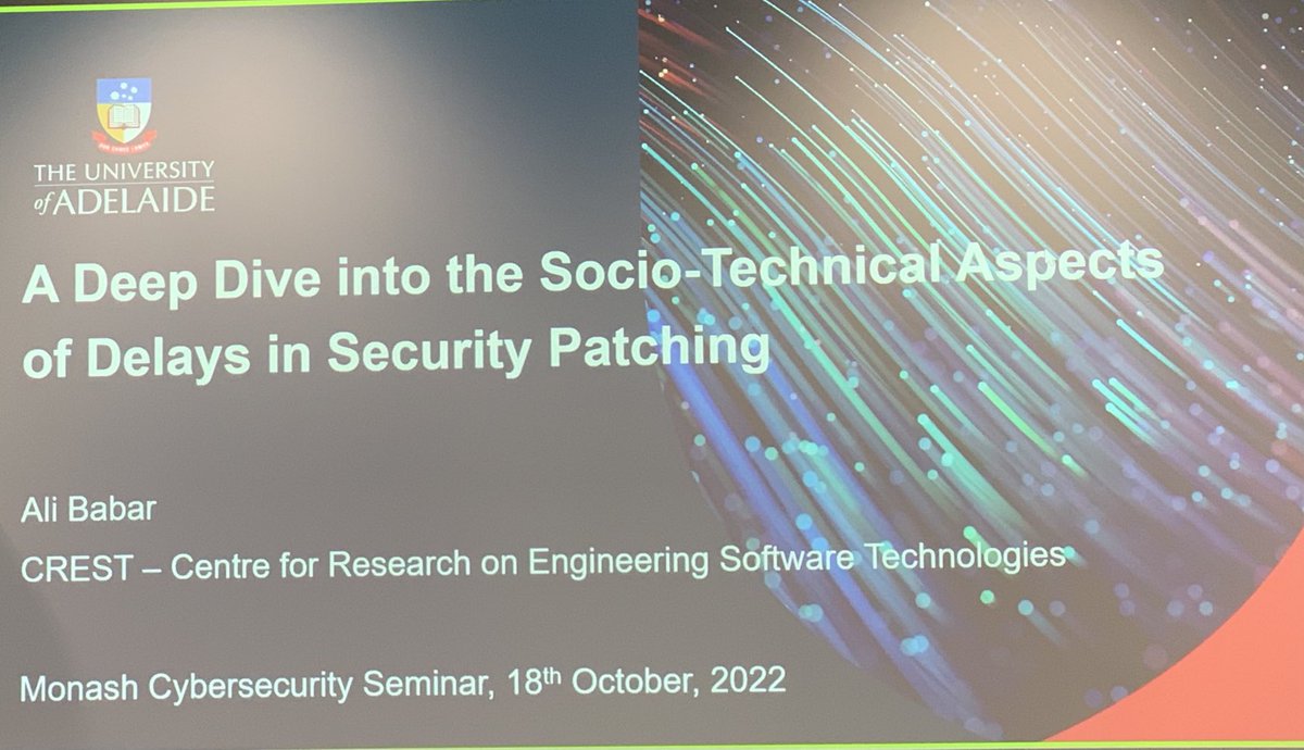 swarna601's tweet image. ⁦@alibabar⁩ is giving a talk at Monash Cybersecurity seminar on security patch management process- an interdisciplinary social-technical area.
#monashinfotech