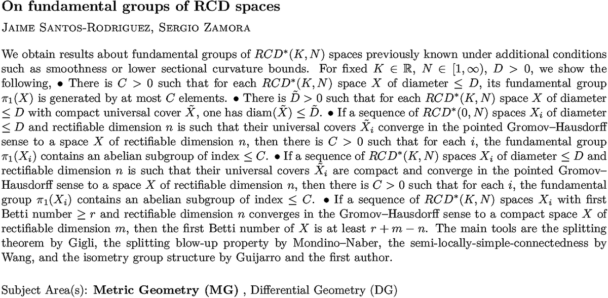arxiv.org/abs/2210.07275…
J Santos-Rodriguez, S Zamora
On fundamental groups of RCD spaces