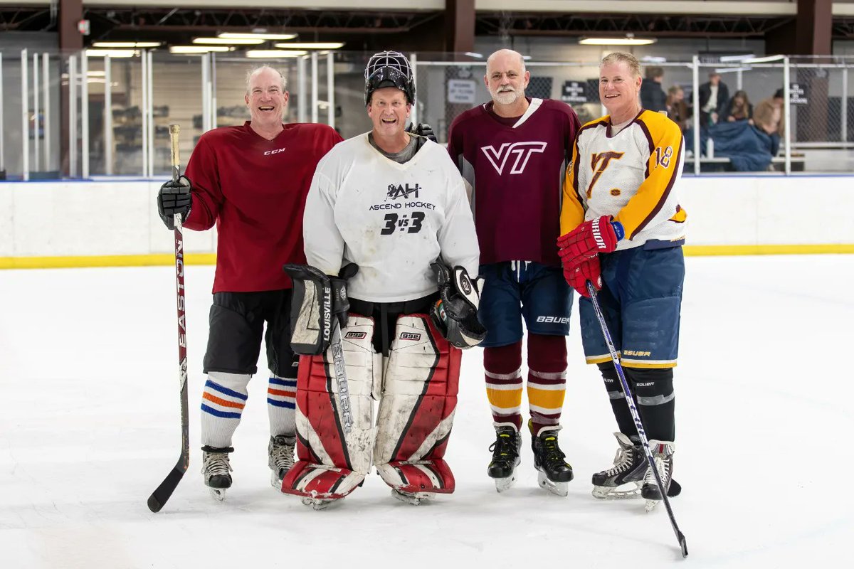 VTicehockey's tweet photo. The 2022 VT Hockey Alumni game was held yesterday at the Lot.  Among the many alumni who joined us were 4 from the inaugural team in '85-'86!!  Swipe to see the big 4, including Jack (far right) wearing the first ever VT Hockey jersey. https://t.co/RdJnHfruic