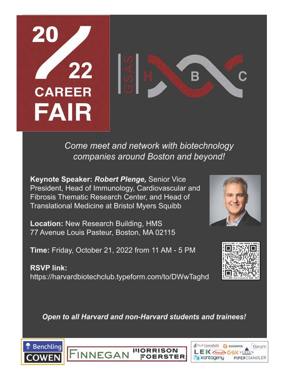 thebiotechclub's tweet image. We are proud to announce the HBC career fair is returning this Friday October 21st 2022 from 11 AM to 5 PM! Please join us in person to meet biotechnology companies from around Boston and beyond.