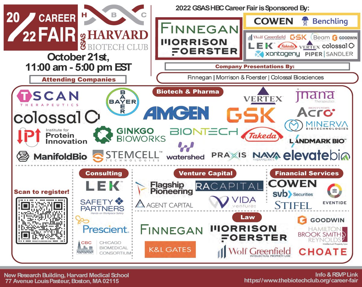 thebiotechclub's tweet image. We are proud to announce the HBC career fair is returning this Friday October 21st 2022 from 11 AM to 5 PM! Please join us in person to meet biotechnology companies from around Boston and beyond.