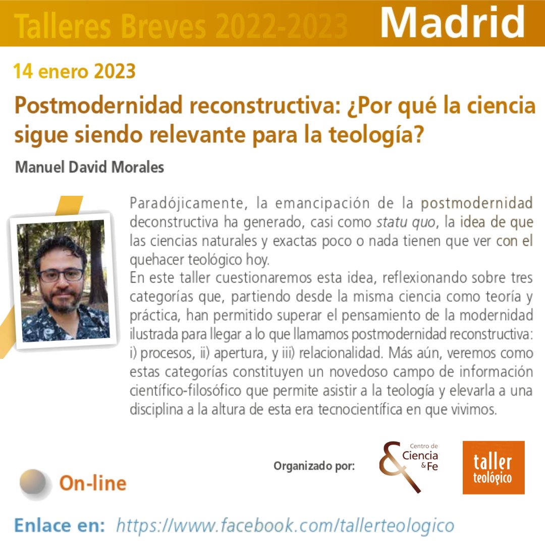 manuelphysicist's tweet image. ¡Agenden! El 14/Ene/2023 expondré para el Taller Teológico de la Fund. Fliedner, España (on-line). Un tema pertinente, de cara a generar nuevas metodologías de diálogo entre ciencia y teología. tallerteologico.org/es/programa-ta… #scienceandreligion #processphilosophy #opentheism #theology