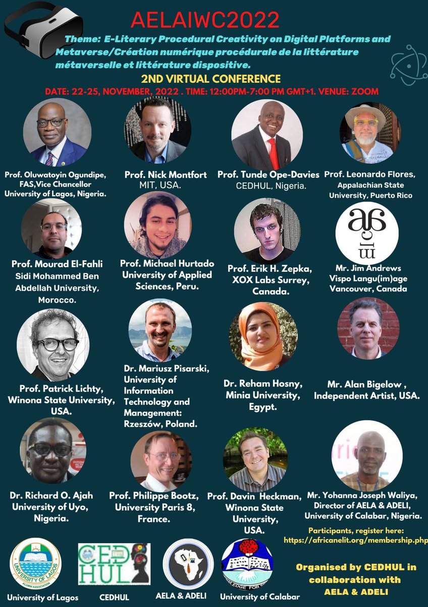 Register for #AELAIWC2022  : africanelit.org/membership.php Update: New resource person is added. Mr. Jim Andrews who will teach #interactive #poetry #if #AELA