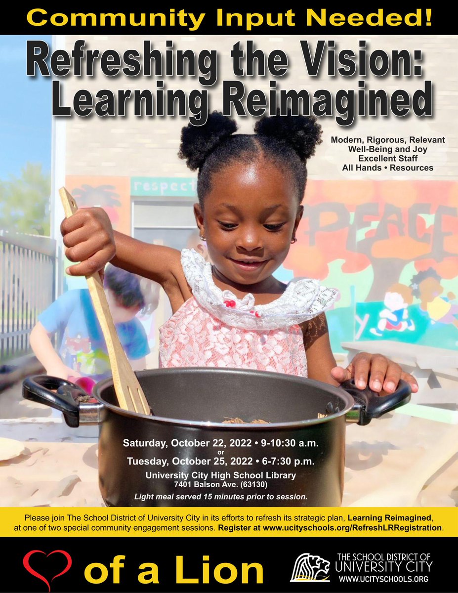 Your opinion matters in refreshing the strategic plan for The School District of University City! Join us Sat., Oct. 22 at 9a or Tues., Oct. 26 at 6p in the UCHS library to help us refresh the District’s dynamic vision of Learning Reimagined. Register: ucityschools.org/RefreshLRRegis…
