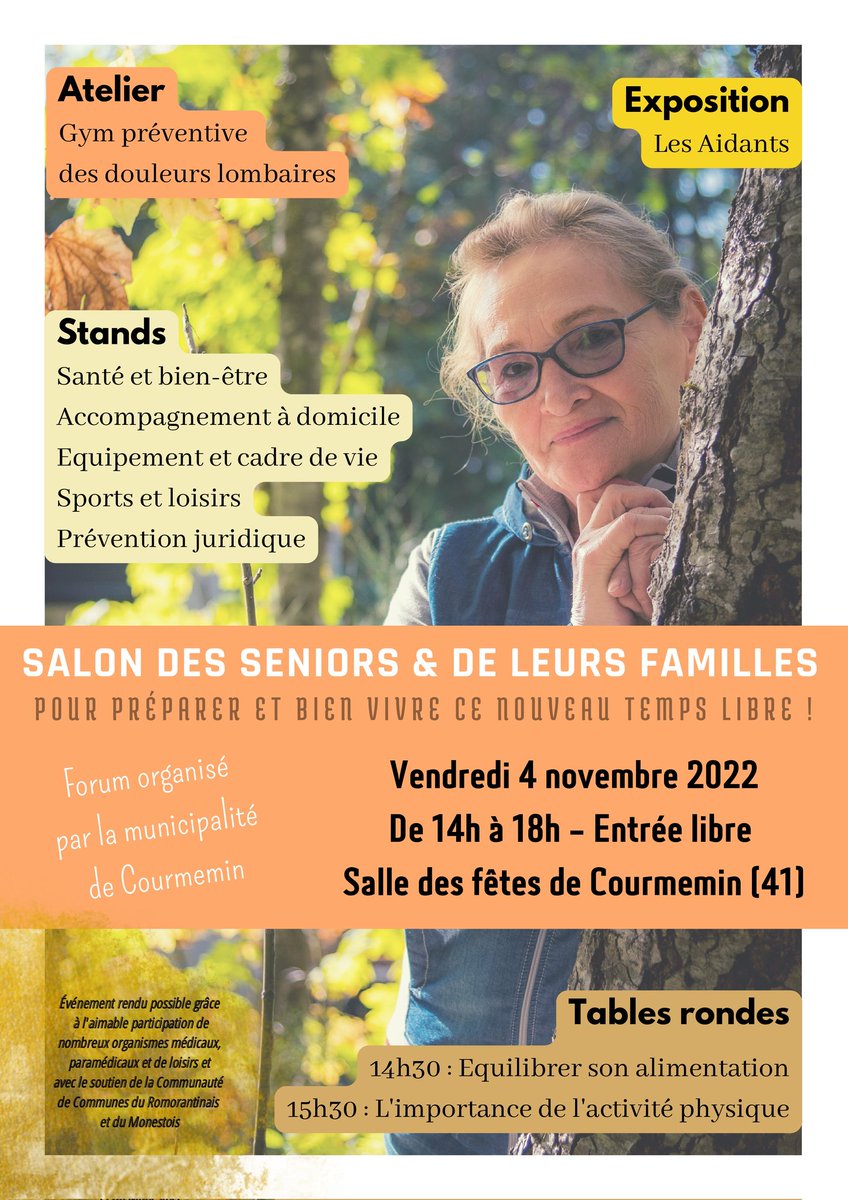 Siel Bleu sera présent au Forum de Courmemin le 4 novembre 2022 

"Pour préparer et bien vivre ce nouveau temps libre !" 

#Apa #Seniors #Aidant #Sourire 
#prevention
