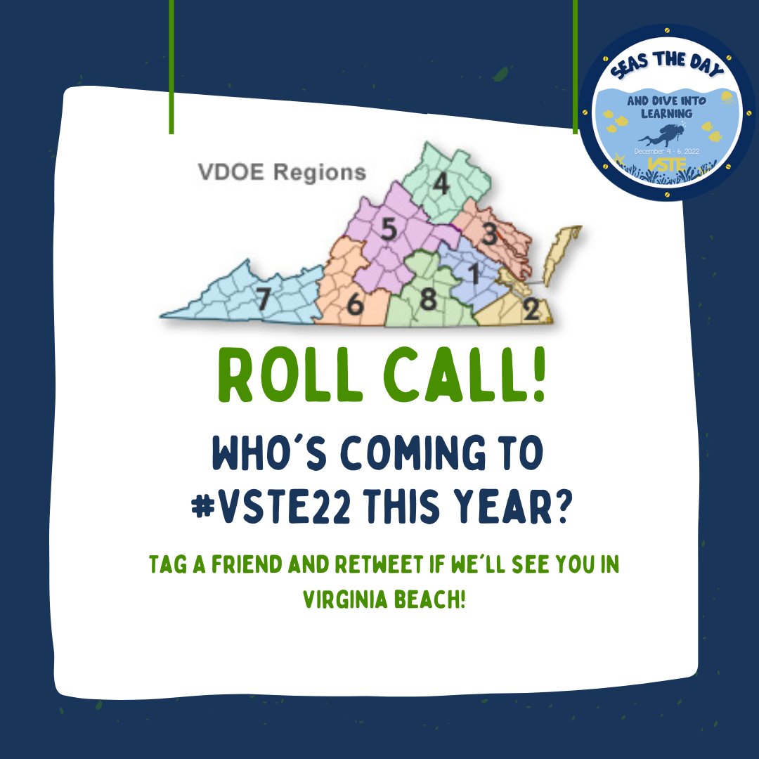 vste's tweet image. Roll Call! Who will we see at #VSTE22 from Virginia Region 7? Retweet and tag friends- we can wait to see you! @HeatherAskea vsteconference.org