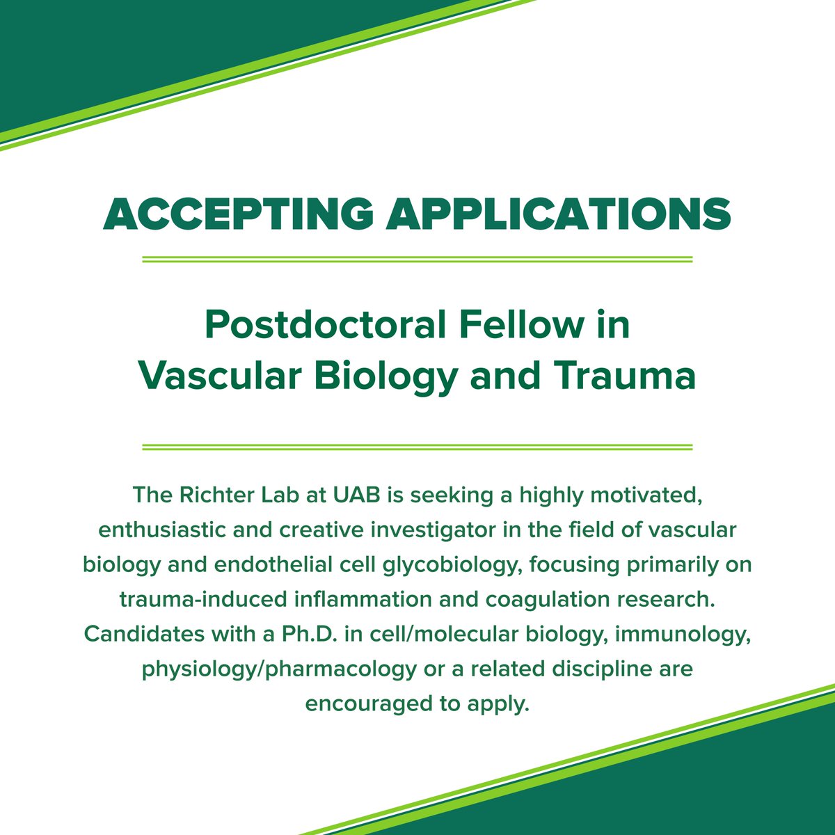 UABTrauma (@uabtrauma) on Twitter photo Applications are being accepted for a #postdoc in <a href="/jillian_richter/">Jill Richter</a>'s lab <a href="/UABSurgery/">UAB Surgery</a>!
Join our collaborative <a href="/UABTrauma/">UABTrauma</a> team & study trauma-induced #vasculardysfunction!🔬🚑🩸
More: uab.edu/postdocs/prosp…
#traumaresearch #vascularbiology #glycobiology #coagulationresearch Applications are being accepted for a #postdoc in <a href="/jillian_richter/">Jill Richter</a>'s lab <a href="/UABSurgery/">UAB Surgery</a>!
Join our collaborative <a href="/UABTrauma/">UABTrauma</a> team & study trauma-induced #vasculardysfunction!🔬🚑🩸
More: uab.edu/postdocs/prosp…
#traumaresearch #vascularbiology #glycobiology #coagulationresearch