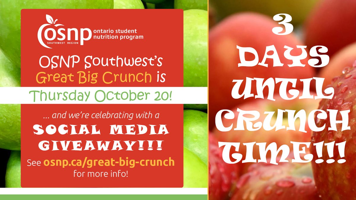 Our Great Big Crunch is Thursday October 20 and we’re celebrating with a SOCIAL MEDIA GIVEAWAY!!! 🍎🍎

Join us by simply CRUNCHING ON APPLES! Share your crunch pictures and stories with <a href="/OSNPsouthwest/">OSNP - Southwest</a>

Use hashtags #GreatBigCrunch &amp; #F2S2022

More info: bit.ly/3MEYIrm