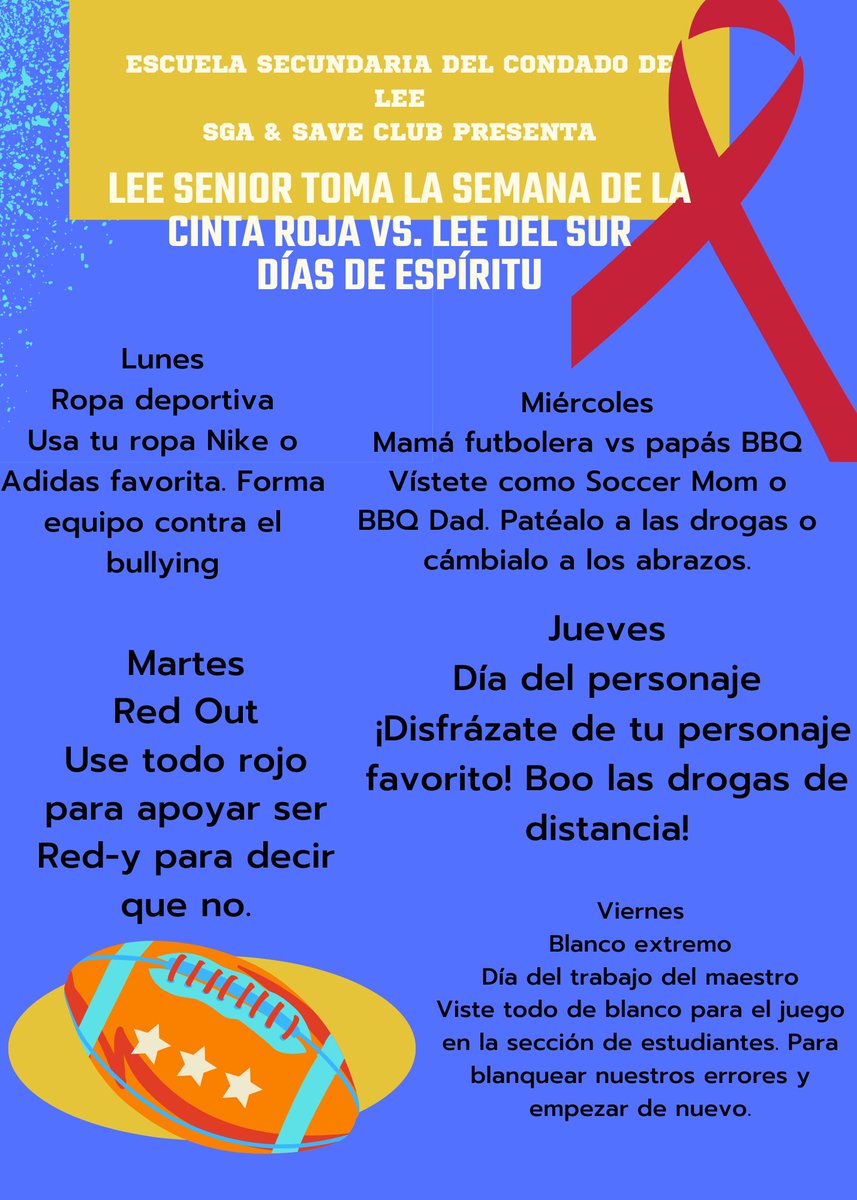 Spirit and Red Ribbon Week are teaming up for some awesome ways to show our school spirit and say no to drugs next week!