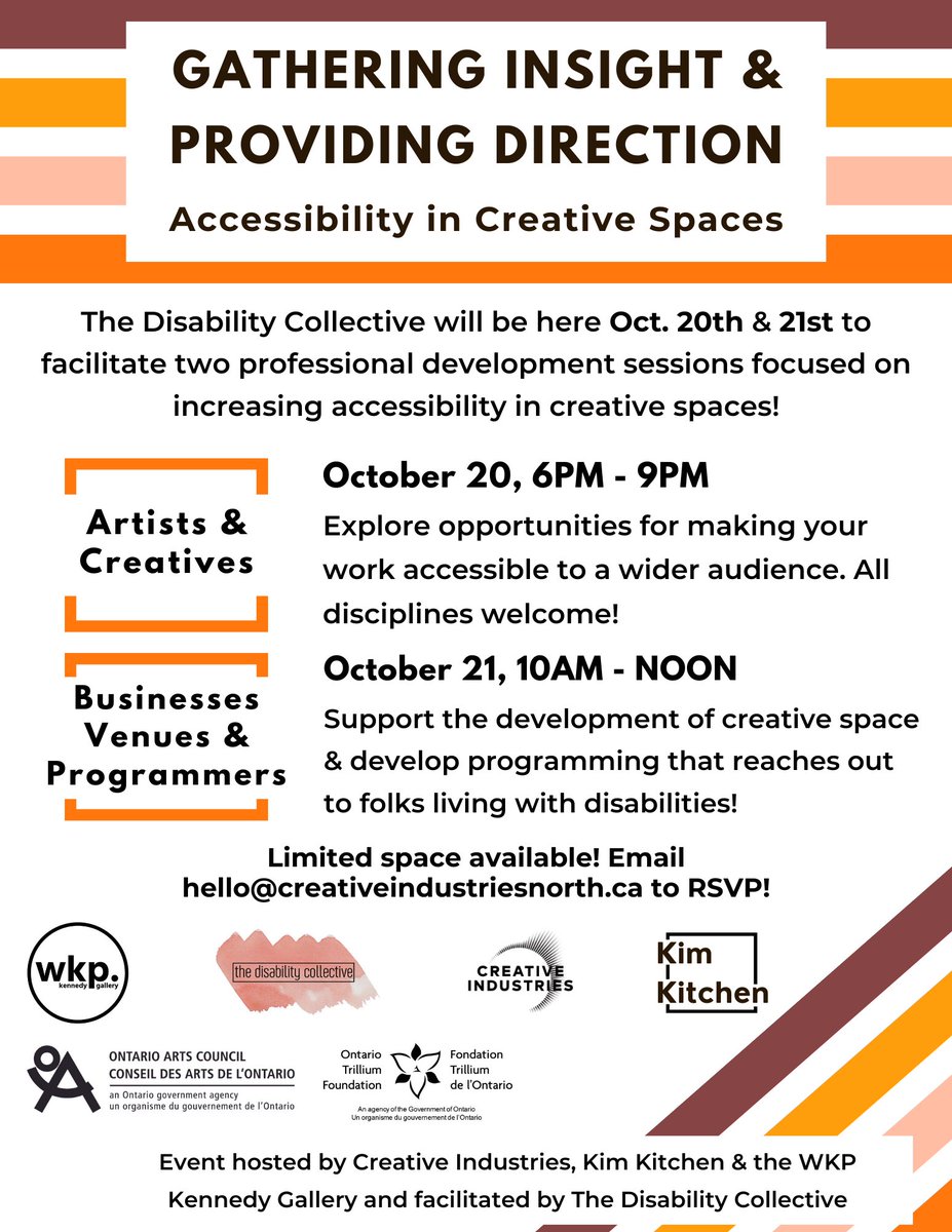 We are excited to announce that The Disability Collective will be here Oct. 20th &amp; 21st to facilitate two professional development sessions focused on increasing accessibility in creative spaces!

To sign up email us at hello@creativeindustriesnorth.ca!
