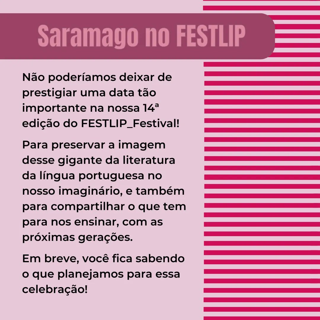 festlip's tweet photo. Em 16 de novembro de 2022, nós celebraremos o centenário de José Saramago!
E o FESTLIP_Festival não poderia deixar essa data passar sem comemorar esse gigante!
#linguaportuguesa #festlip #cplp #teatro #festival #cultura #musica #artes #josesaramago #saramago https://t.co/1RNcVtT4te