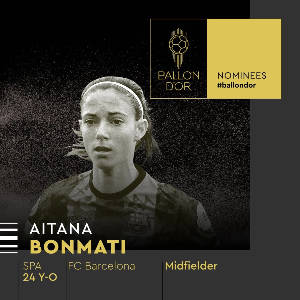 AitanaBonmati's tweet photo. Muy orgullosa de ser reconocida en la 5a posición del Balón de Oro de @francefootball  Son muchos años de trabajo y exigencia colectiva e individual. Gracias a todos/as los que me han votado! https://t.co/0W1IUmHJ52