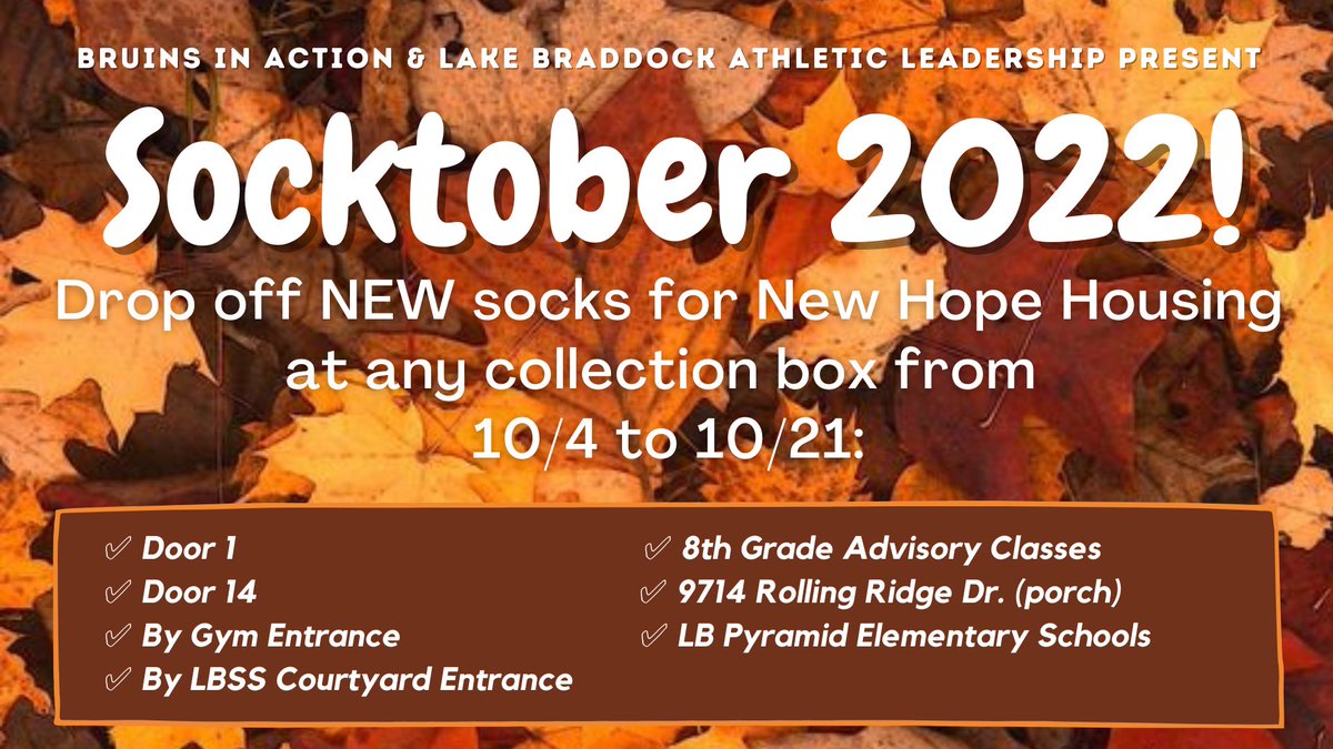 🍁🍂 October is Socktober! 🍂🍁
Don't forget to donate NEW socks at any of the listed locations for our friends at New Hope Housing!
#BruinNation #BruinsServe
