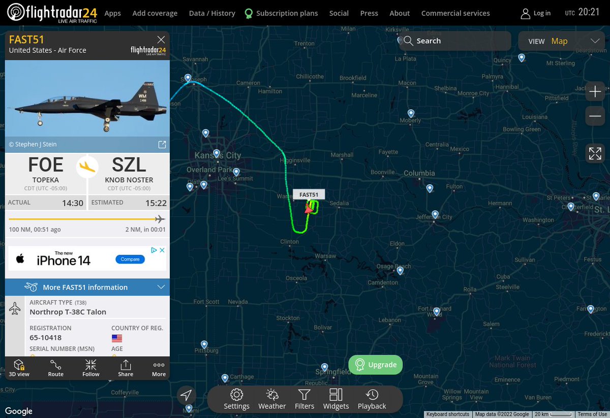 Radar_Assistant's tweet photo. MULTI FR24 CIRCLING ALERT : At time Mon Oct 17 21:20:09 2022 #FAST51 was likely to be circling at FL21 1nm from SZL Whiteman_TACAN_US
near Southeast 100th Road, Johnson County, Missouri, 65 #AvGeek #ADSB https://t.co/otqTdvg2eC https://t.co/Jkeb6uwvK6
