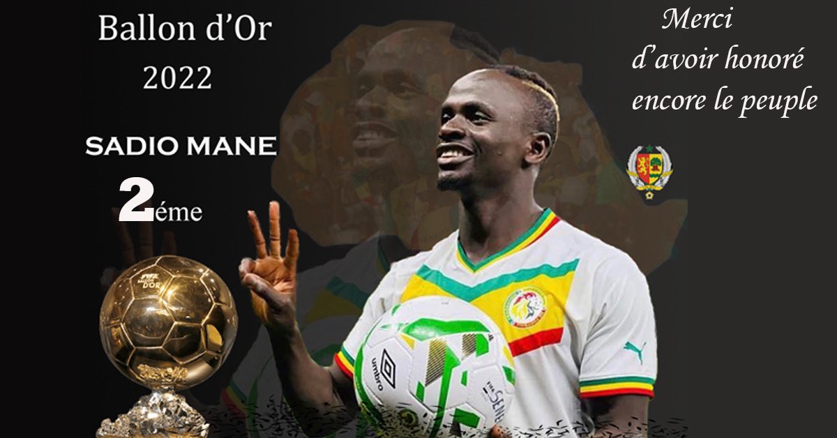 Félicitations à Sadio Mané pour sa 2eme place au #BallonDor. Une performance jamais réalisée par un africain depuis le sacre de <a href="/GeorgeWeahOff/">George Weah</a> en 1995. Le Sénégal est fier et honoré d’avoir une légende du football qui réalise chaque jour des performances exceptionnelles🇸🇳