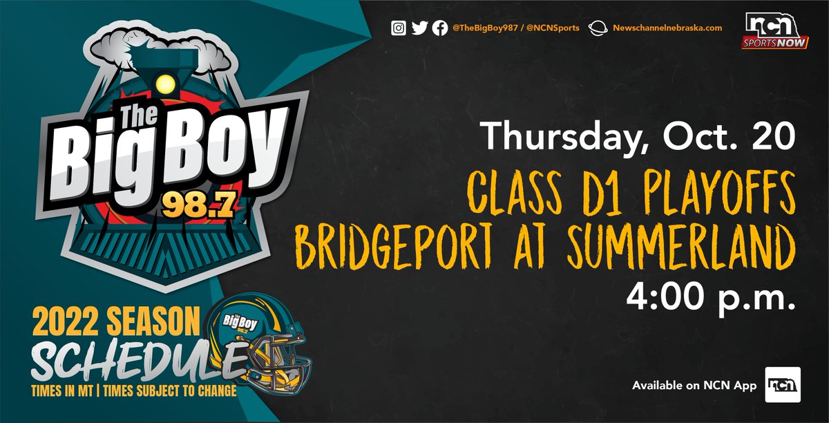 ❗️ PROGRAM ALERT ❗️

We'll have coverage of Bridgeport's Class D1 playoff football game at Summerland on Thursday on 98.7 FM, newschannelnebraska.com, and the free NCN app.

🎙 Hunter Arterburn &amp; Justin Reimers

#NebPreps | <a href="/NCNSports/">NCN Sports Now</a>