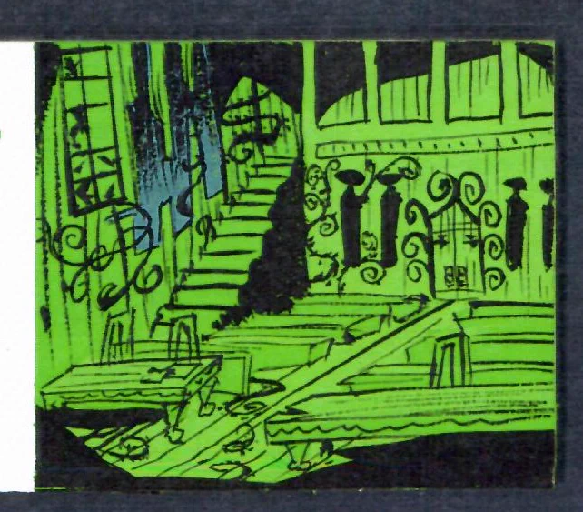 Before the Mina &amp; the Count BG paintings were done full size, the artist did a full color script in mini-paintings  around half the size of a post-it. "Thumbnail" painting for the courtroom scene in "The Ghouls' Tribunal" is on the left. Final BG is on the right. 