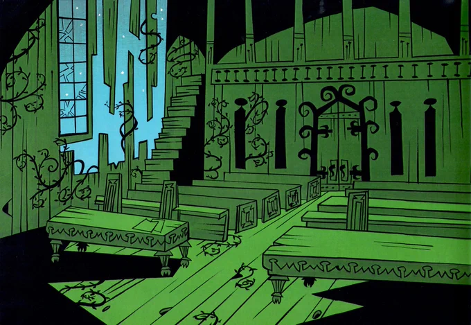 Before the Mina &amp; the Count BG paintings were done full size, the artist did a full color script in mini-paintings  around half the size of a post-it. "Thumbnail" painting for the courtroom scene in "The Ghouls' Tribunal" is on the left. Final BG is on the right. 