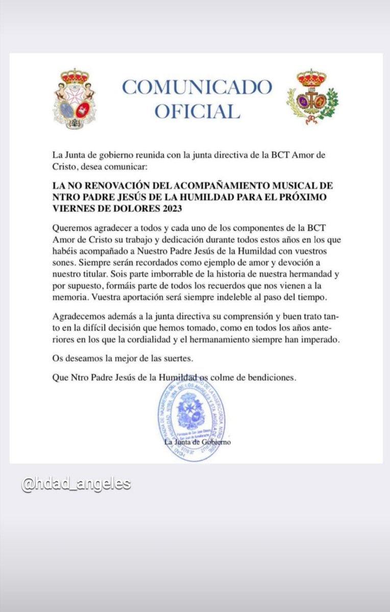 COMUNICADO OFICIAL
Tras reunión mantenida con nuestra querida <a href="/hdadangeles/">Hermandad de los Ángeles</a> tomamos una decisión difícil por las dos partes pero siempre mirando por nuestros titulares. Seguiremos trabajando por y para ellos y seguro que nuestros caminos volverán a encontrarse. #angelesdehumildad