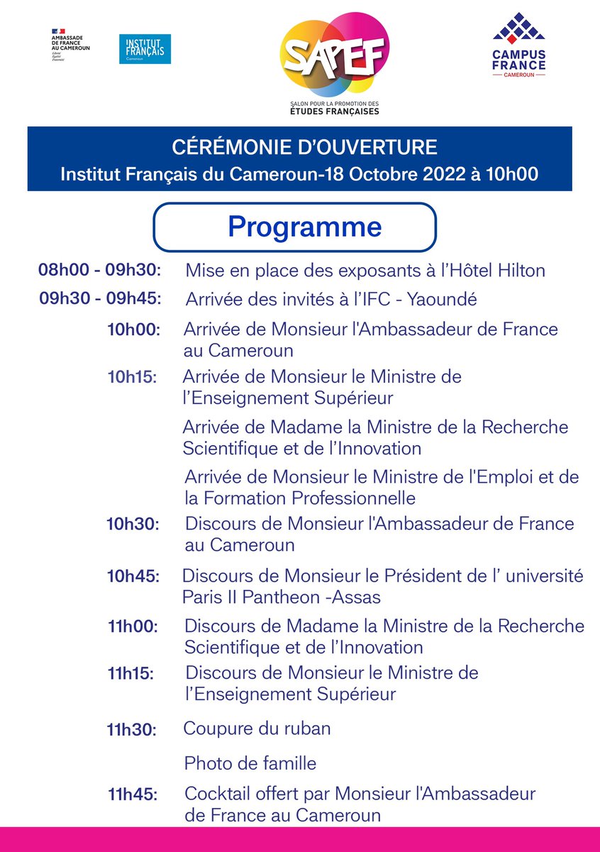 CampusFranceCam's tweet photo. Prenez part à la cérémonie d’ouverture de la 9ème édition du Salon pour la Promotion des Études Françaises ce Mardi 18 Octobre 2022 à l’Institut Français du Cameroun. 

#SAPEF_2022
#CampusFranceCameroun
#InstitutFrançaisduCameroun
#AmbassadeDeFranceAuCameroun https://t.co/bDEmxtuvJS