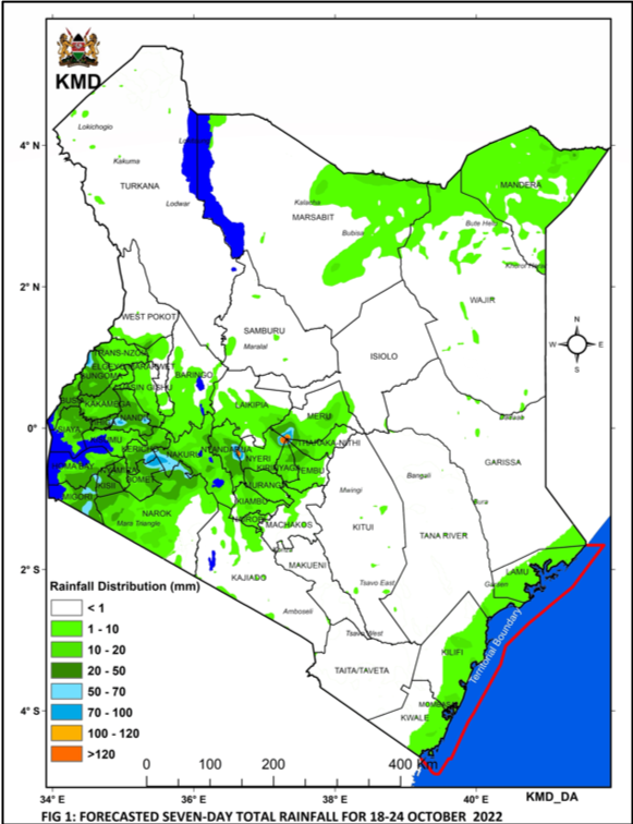It's likely to be sunny and dry in most of the country. However, as shown in Figure 1, occasional rainfall is anticipated over some areas of the Coast, Northeastern Kenya, the Lake Victoria Basin, the Central and South Rift Valley, the Highlands East and West of the Rift Valley.