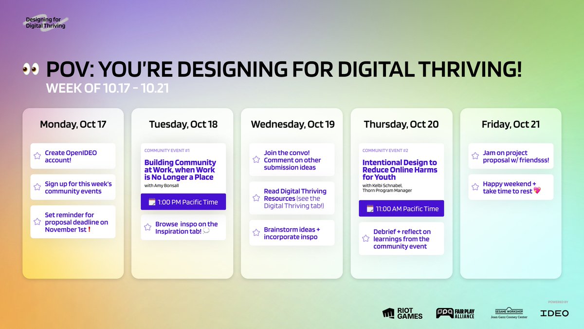 📅Designing for Digital Thriving Community Events: 

How might we design healthy, inclusive digital spaces that enable individuals and communities to thrive?

We can't wait to see your ideas!💡
➡️Submit your proposal and register for events here: 
ideo.in/3SOeHoL