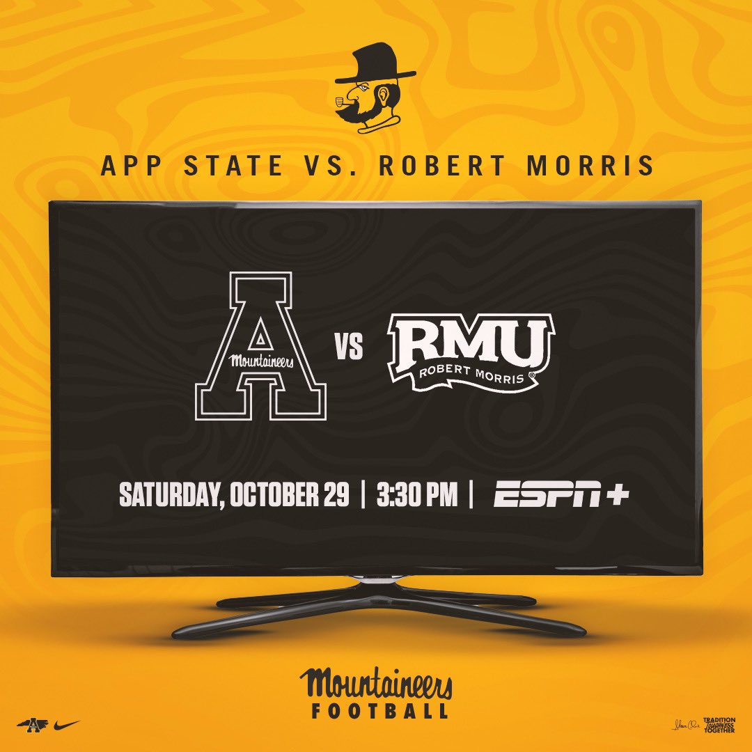 𝐒𝐂𝐇𝐄𝐃𝐔𝐋𝐄 𝐔𝐏𝐃𝐀𝐓𝐄 🏈 vs. Robert Morris 🗓 Oct. 29 (Homecoming) 📍 Boone, N.C. ⌚️ 3:30 p.m. 📺 ESPN+ #GoApp