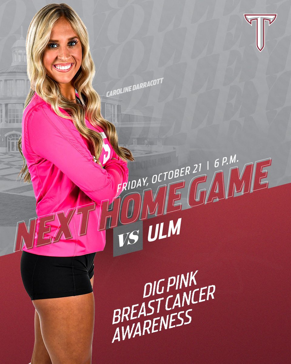 TroyTrojansVB's tweet photo. Mark those calendars, it is going to be a special night at our next home game. It's our annual Dig Pink Breast Cancer Awareness game!

#BuildTheEmpire | #OneTROY ⚔️ 🏐 https://t.co/F5z6rBRqvm